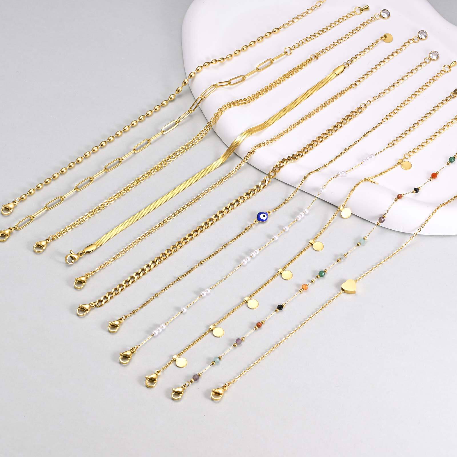 ゴールドメッキレイヤードアンクレットブレスレット、女性用、防 - Jc Jewelry & Watches Photos のレビューと価格